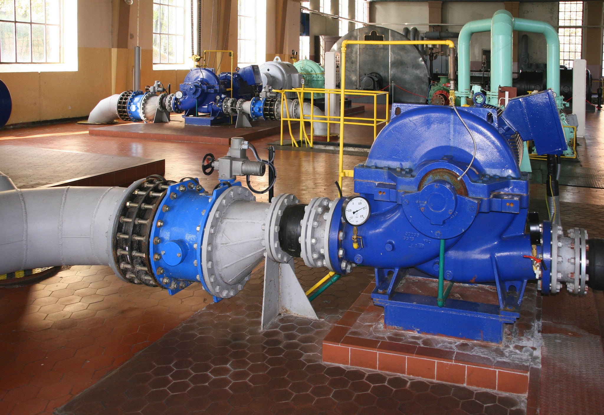 Water pumping station - industrial interior and pipes